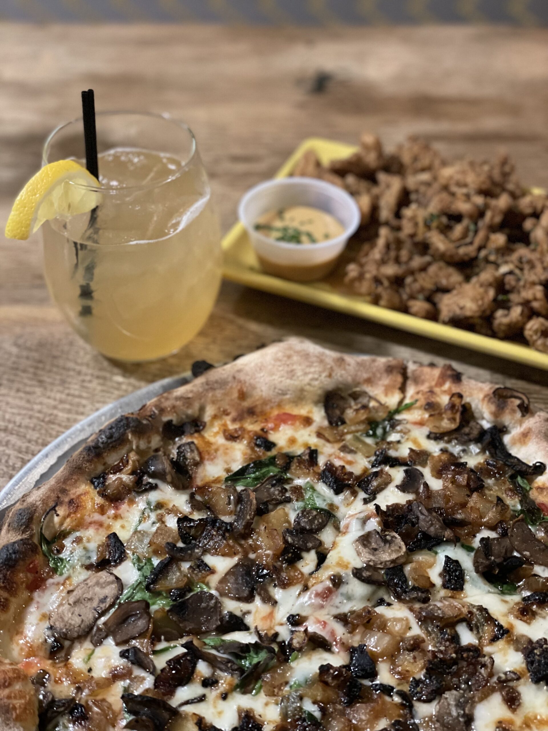 Pizza, Spiked Arnold Palmer, Fried Mushrooms